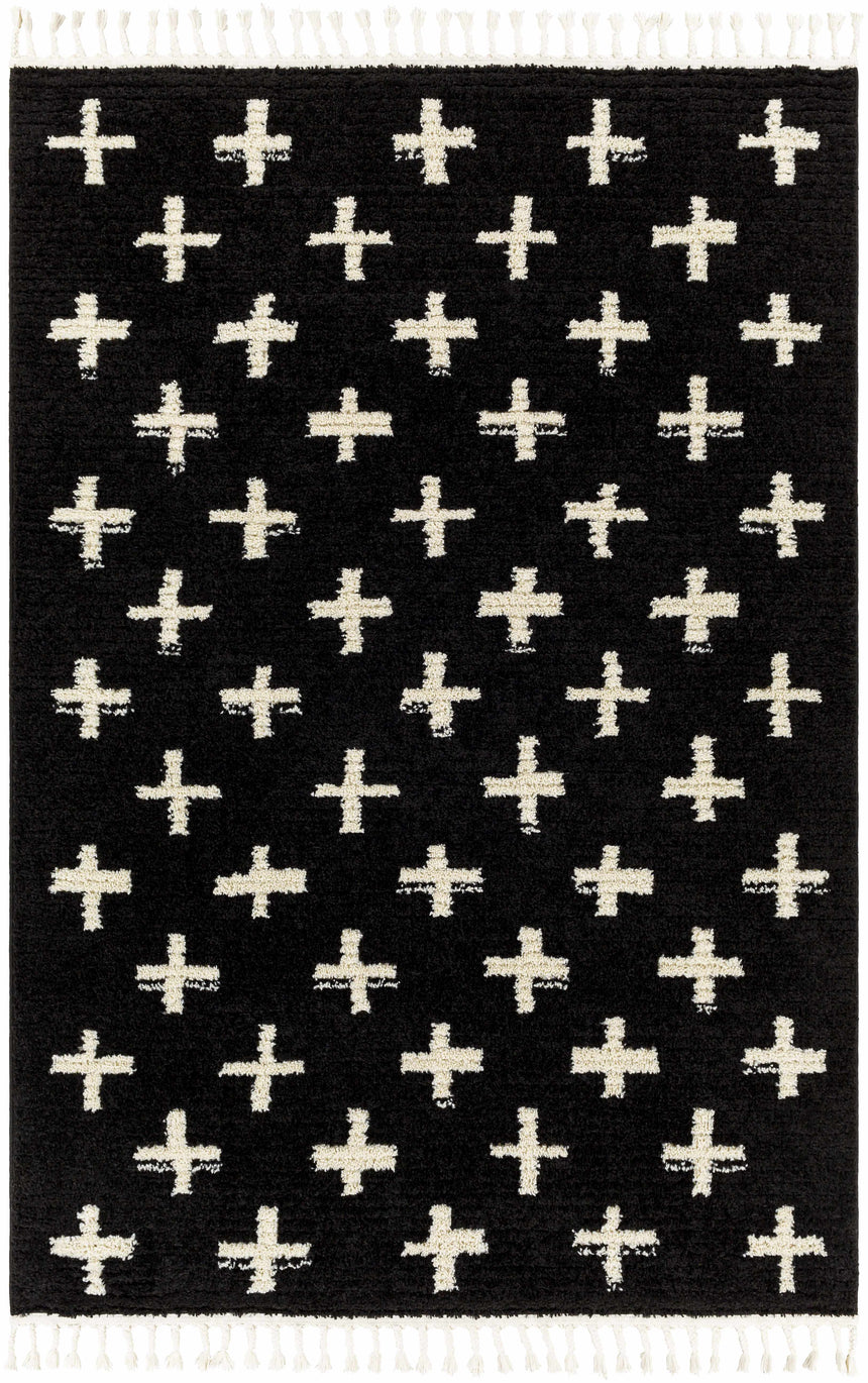 Anda White Cross on Black Plush Rug