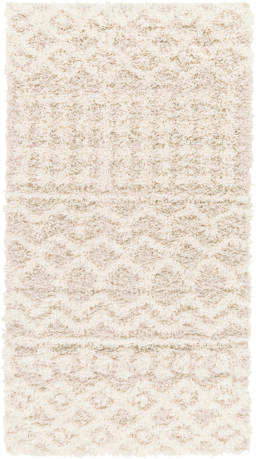 Close-up of the plush Maso Shag Area Rug. Soft textures and tones of gray, light peach, and nutmeg. Design-Runner-2773