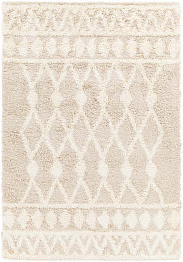 Close-up of the Maso Shag Area Rug. Features a geometric diamond pattern in shades of light peach, nutmeg, and gray. Soft, shag texture. Design-Rectangle-5373