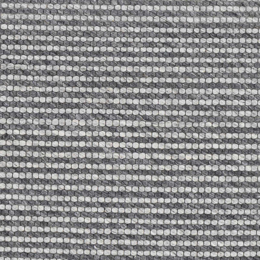 Close-up of the hand woven Mulgoa Area Rug. Gray and white wool rug with a contemporary horizontal stripe pattern. Swatch