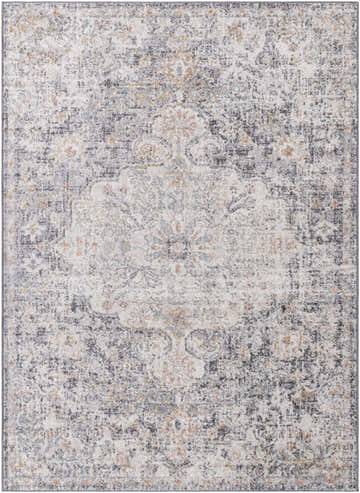 Close-up of the Wills Area Rug. Machine-woven polypropylene rug in blue, cream, gray, and dusty coral with a traditional, farmhouse design. Design-Rectangle-5373