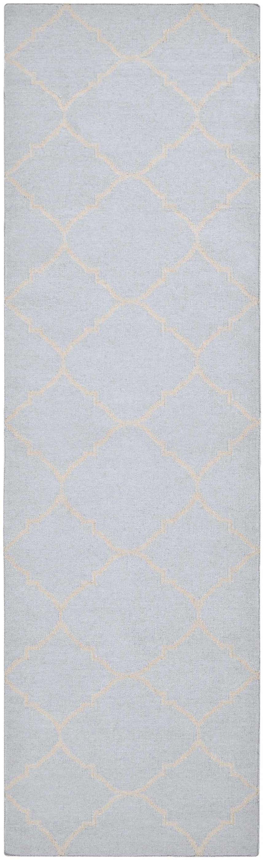 Close-up of the hand woven Nadeau Area Rug. Pale blue wool with a tan geometric trellis pattern. Design-Runner-268
