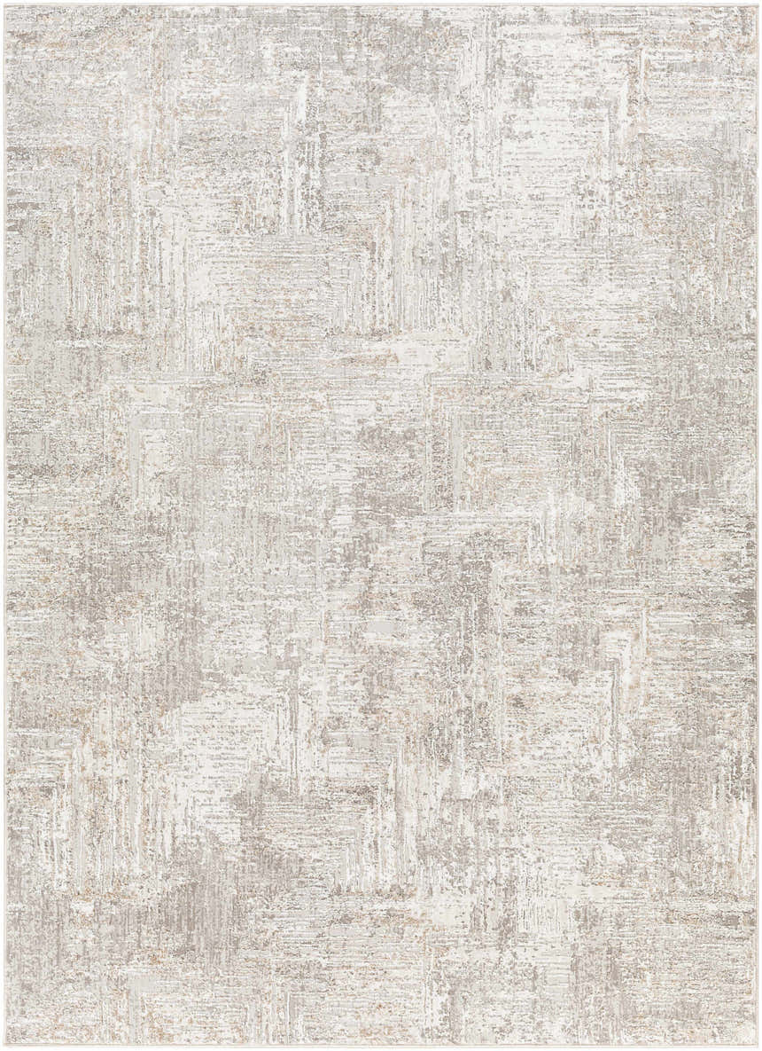 Close-up of the Nannyville Area Rug. Contemporary design in bone, gray, and tan with subtle texture. Design-Rectangle-537