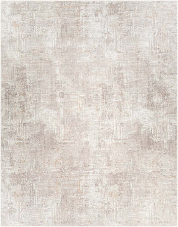 Close-up of the Nannyville Area Rug. Contemporary design in bone, ivory, gray, and tan hues. Machine woven polyester texture. Design-Rectangle-71010