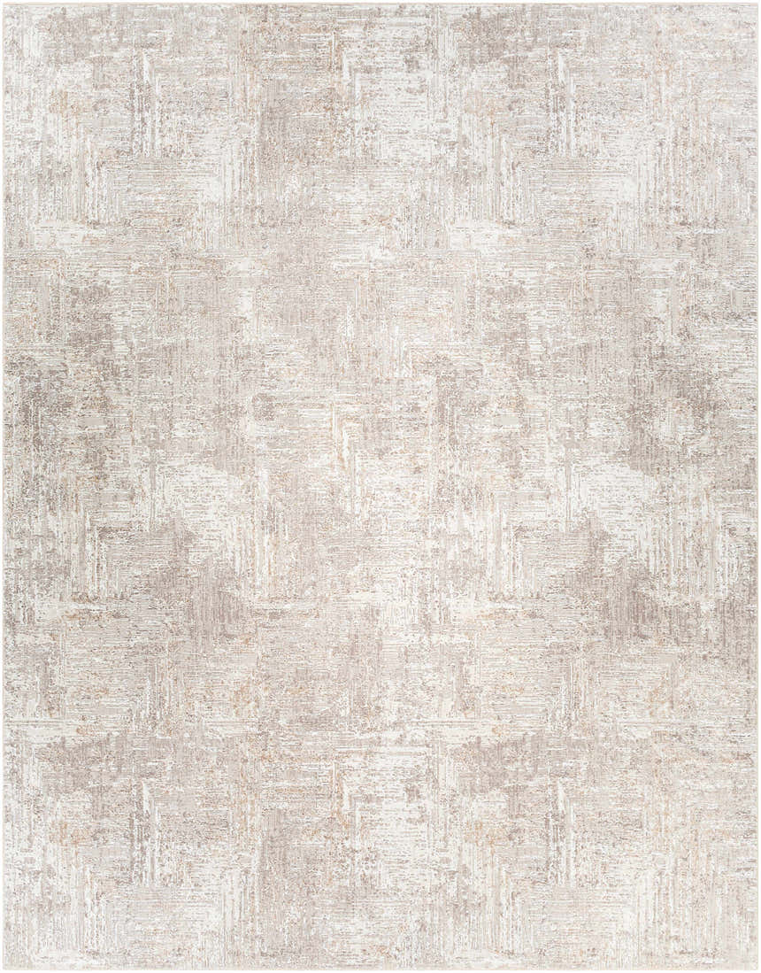 Close-up of the Nannyville Area Rug. Contemporary design in bone, ivory, gray, and tan hues. Machine woven polyester texture. Design-Rectangle-71010