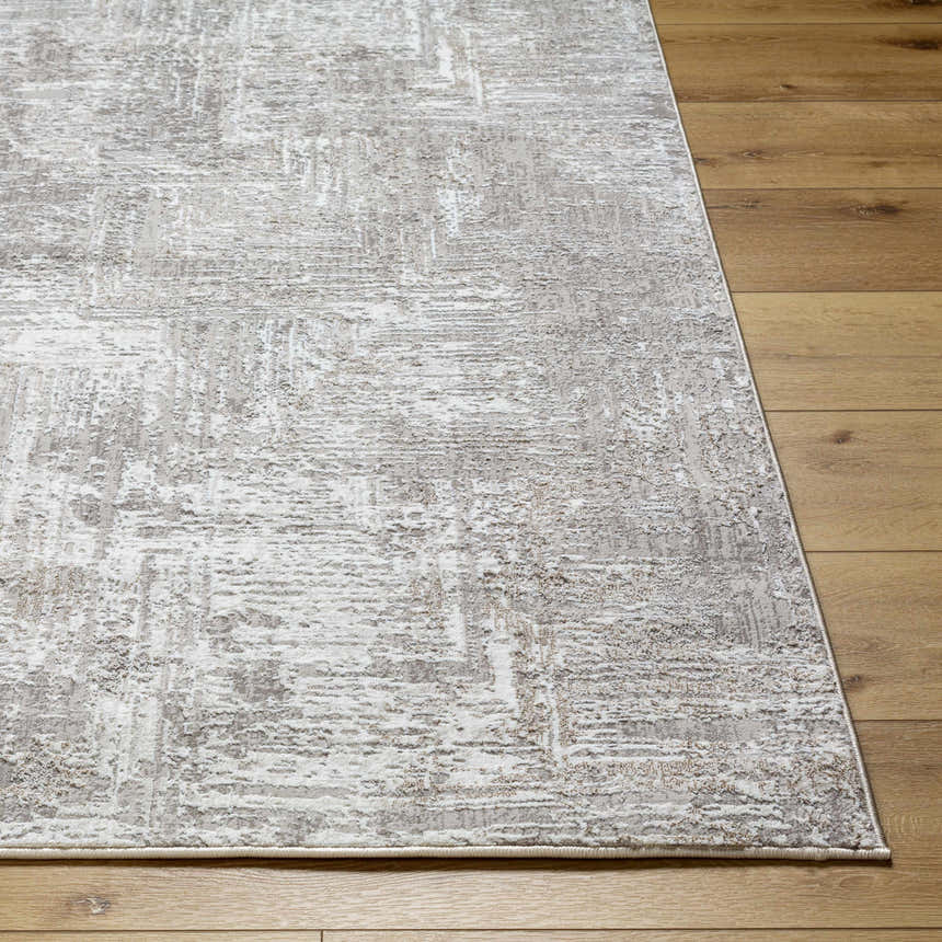 Close-up of the Nannyville Area Rug showing its bone, gray, and ivory contemporary design and soft texture. Front