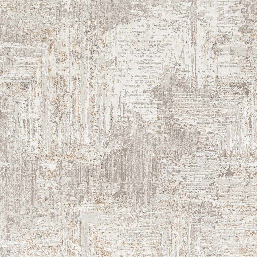 Close-up of the Nannyville Area Rug, showcasing its bone, gray, and tan contemporary abstract design. Swatch