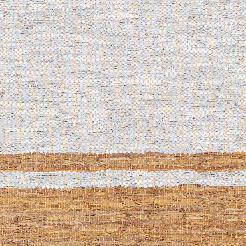 Close up of hand woven Narooma Clearance Rug. Light slate and tan leather strips create a farmhouse style texture. Swatch
