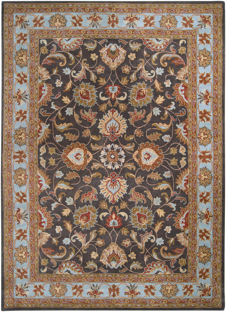 Detailed floral pattern of the Cherryfield 1004 wool rug in beige, burnt orange, and slate blue. Design-Rectangle-811