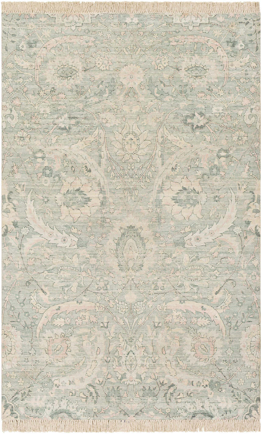 Close-up of the Enderby Handmade Cotton-blend Rug. Features a floral design in dark green, olive, and pale pink hues. Design-Rectangle-576