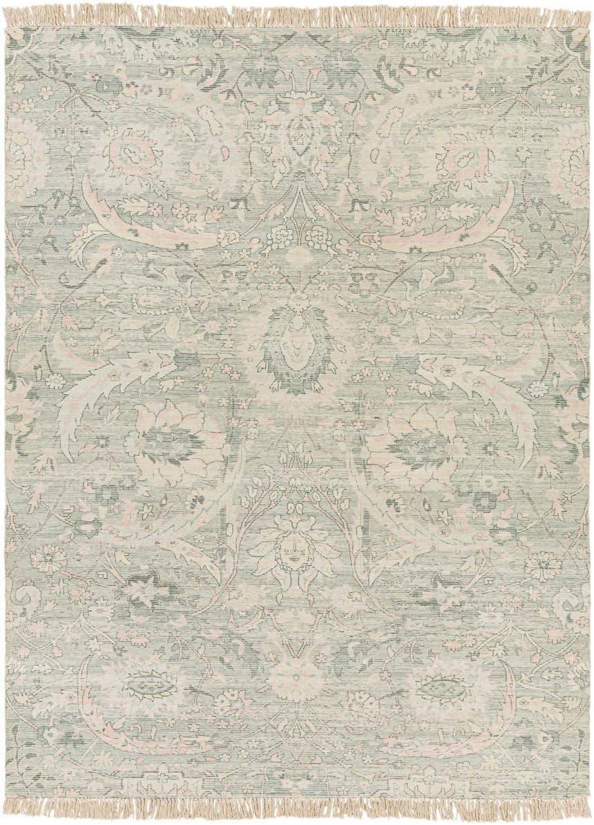 Close-up of Enderby Rug. Hand-woven cotton-blend rug in dark green, olive, pale pink and white with a traditional floral pattern. Design-Rectangle-810