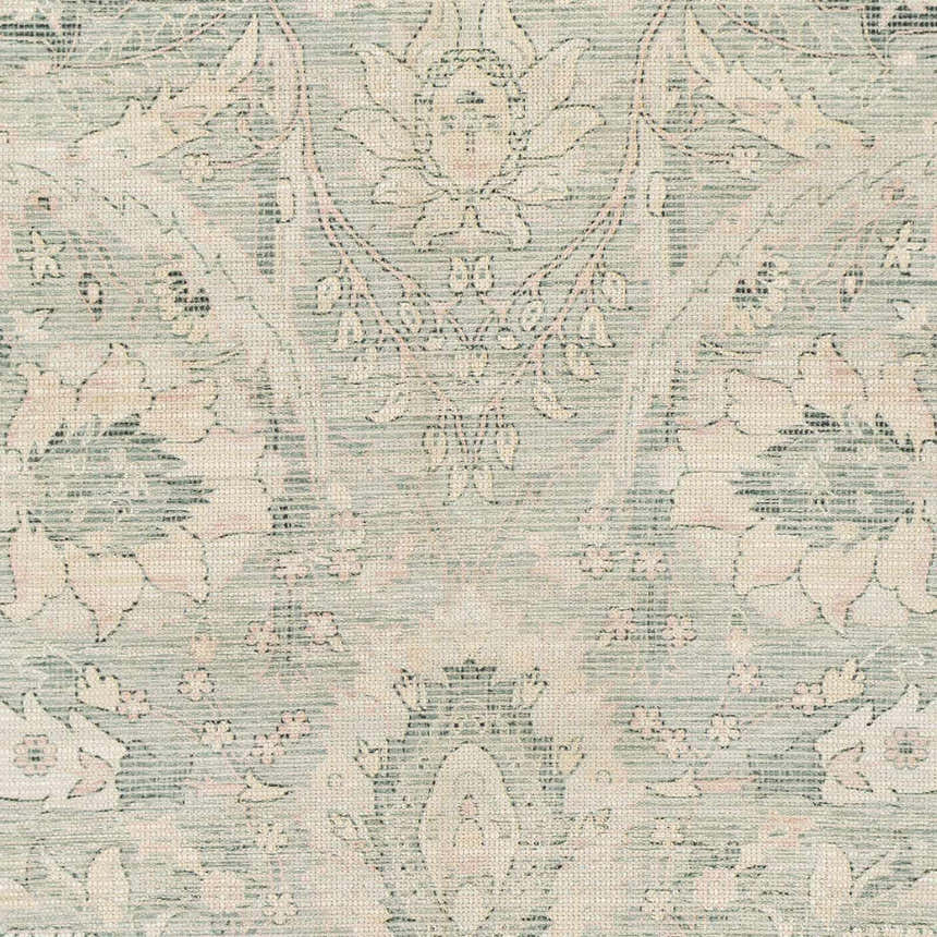 Close-up of the Enderby Rug. Hand-woven cotton-blend rug in dark green, olive, light pink, and white floral pattern. Swatch