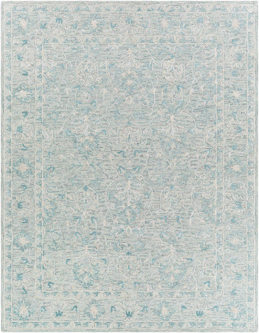 Close-up of Neavitt Wool & Faux Silk Rug in aqua and light beige. Hand-tufted rug with a traditional floral pattern and border. Design-Rectangle-79