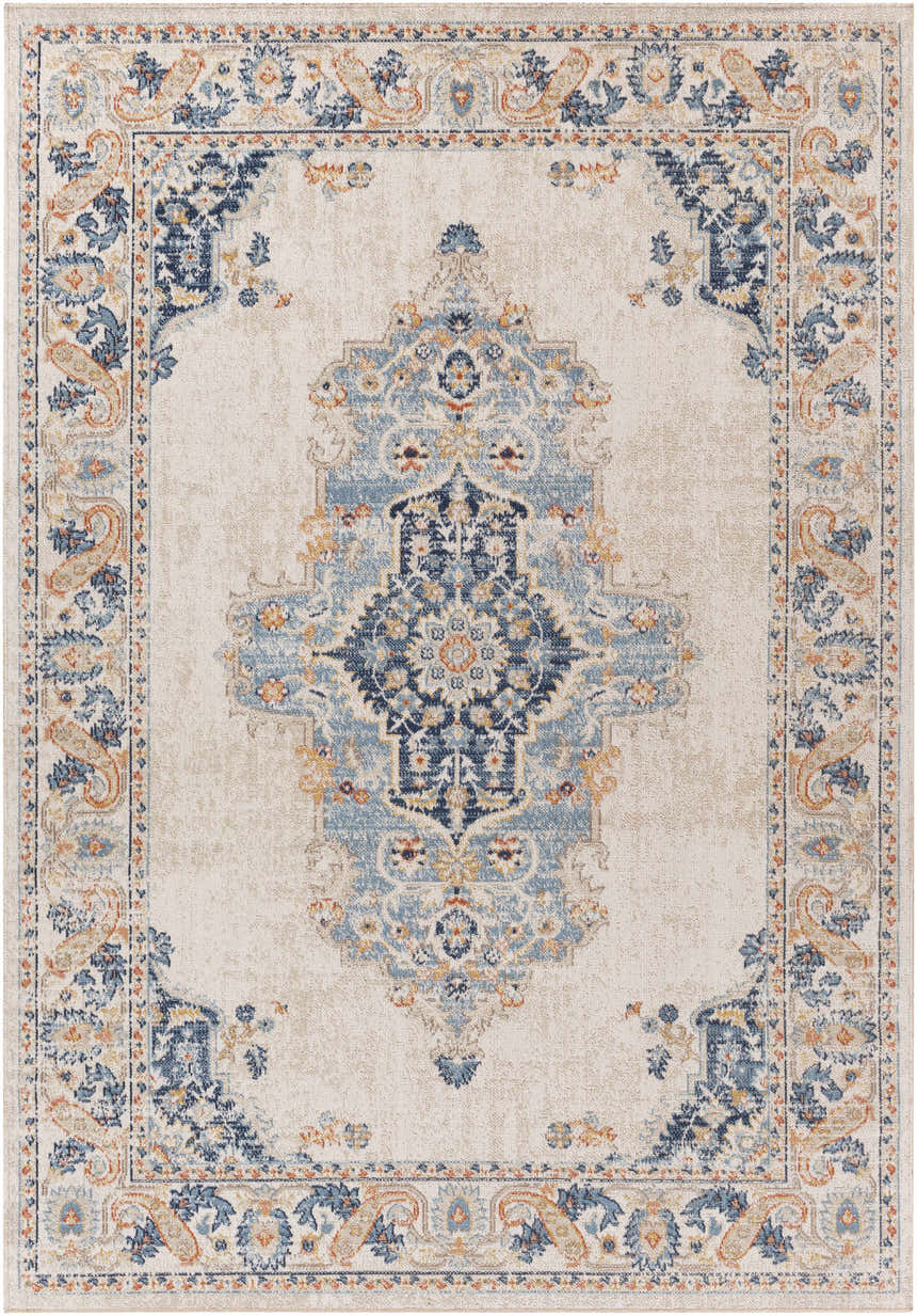 Detailed Neepawa Area Carpet in cream, aqua, and blue. Traditional rug with an oriental-inspired floral medallion pattern. Design-Rectangle-537
