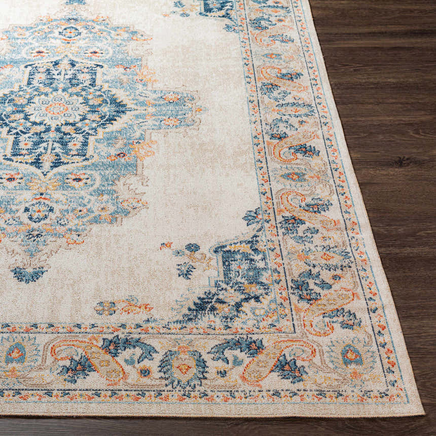 Close up of the Neepawa Area Carpet showing its traditional, oriental design with aqua, cream, and dark blue colors. Front