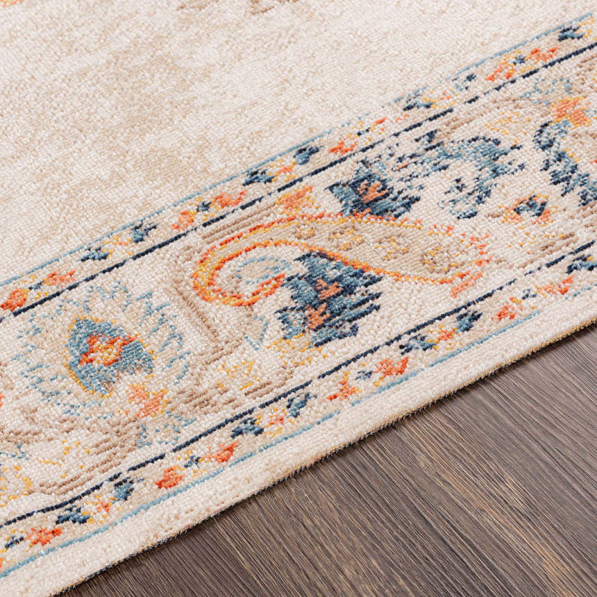 Close-up of the Neepawa Area Carpet showing the cream, blue, and orange traditional-style pattern and soft texture. Texture