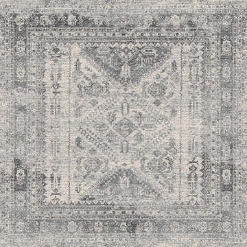 Close-up of the Nelsonville Area Rug, a machine-woven rug in charcoal, gray, light gray, and white with a vintage oriental pattern. Design-Square-53