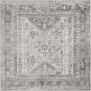 Close-up of the Nelsonville Area Rug. Gray, charcoal, and white vintage-style oriental pattern. Machine woven polypropylene rug. Design-Square-67