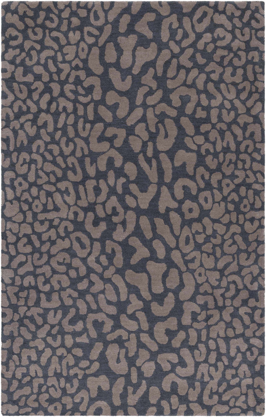 Close-up of the Neoma Animal Print Wool Rug. Gray background with a taupe animal print pattern. Hand-tufted texture. Design-Rectangle-58