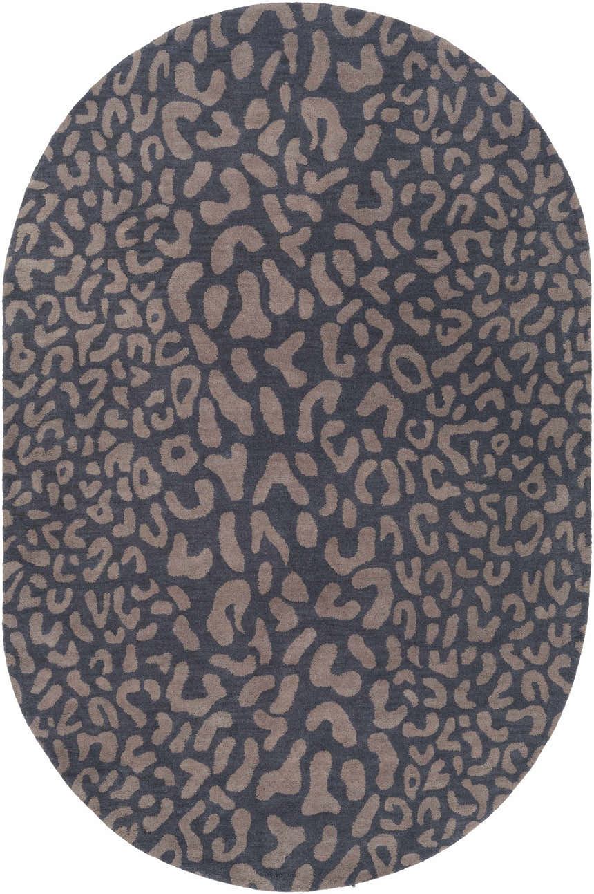 Oval Neoma Animal Print Wool Rug with a gray background and tan leopard-like spots. Design-Oval-69