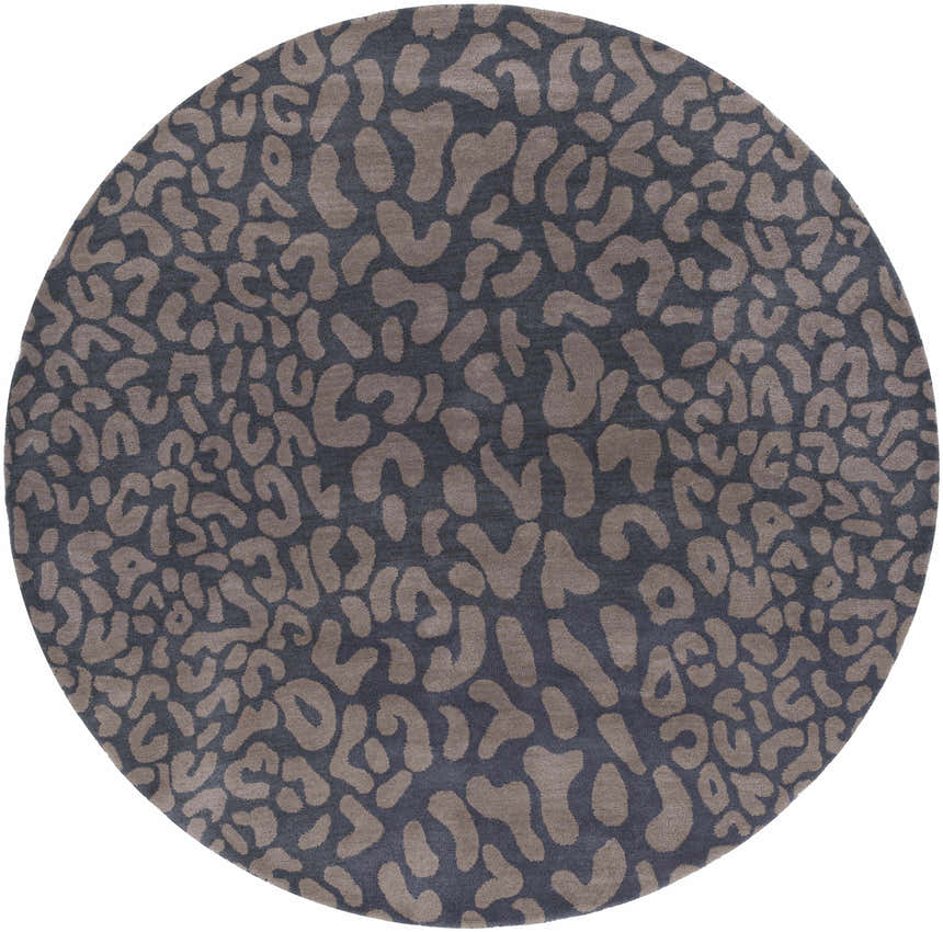 Close-up of a round Neoma Animal Print Wool Rug. Gray rug with a contemporary brown animal print pattern. Design-Round-710
