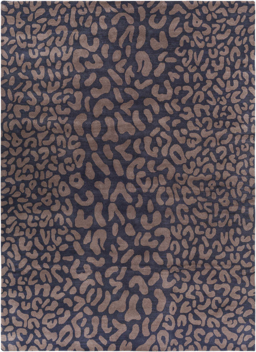 Close-up of the Neoma Animal Print Wool Rug. Gray rug with a contemporary brown animal print pattern. Hand-tufted texture. Design-Rectangle-811
