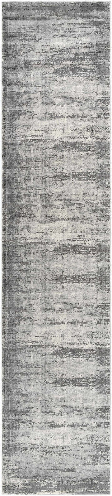Close-up of the Nesmith Updated Traditional Tibetan Rug. Charcoal, gray, and medium gray horizontal pattern. Design-Runner-2712