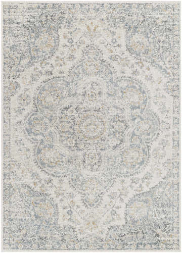 Close-up of the Nessa Area Rug, showcasing its light gray, traditional floral pattern, and soft texture. Design-Rectangle-5376