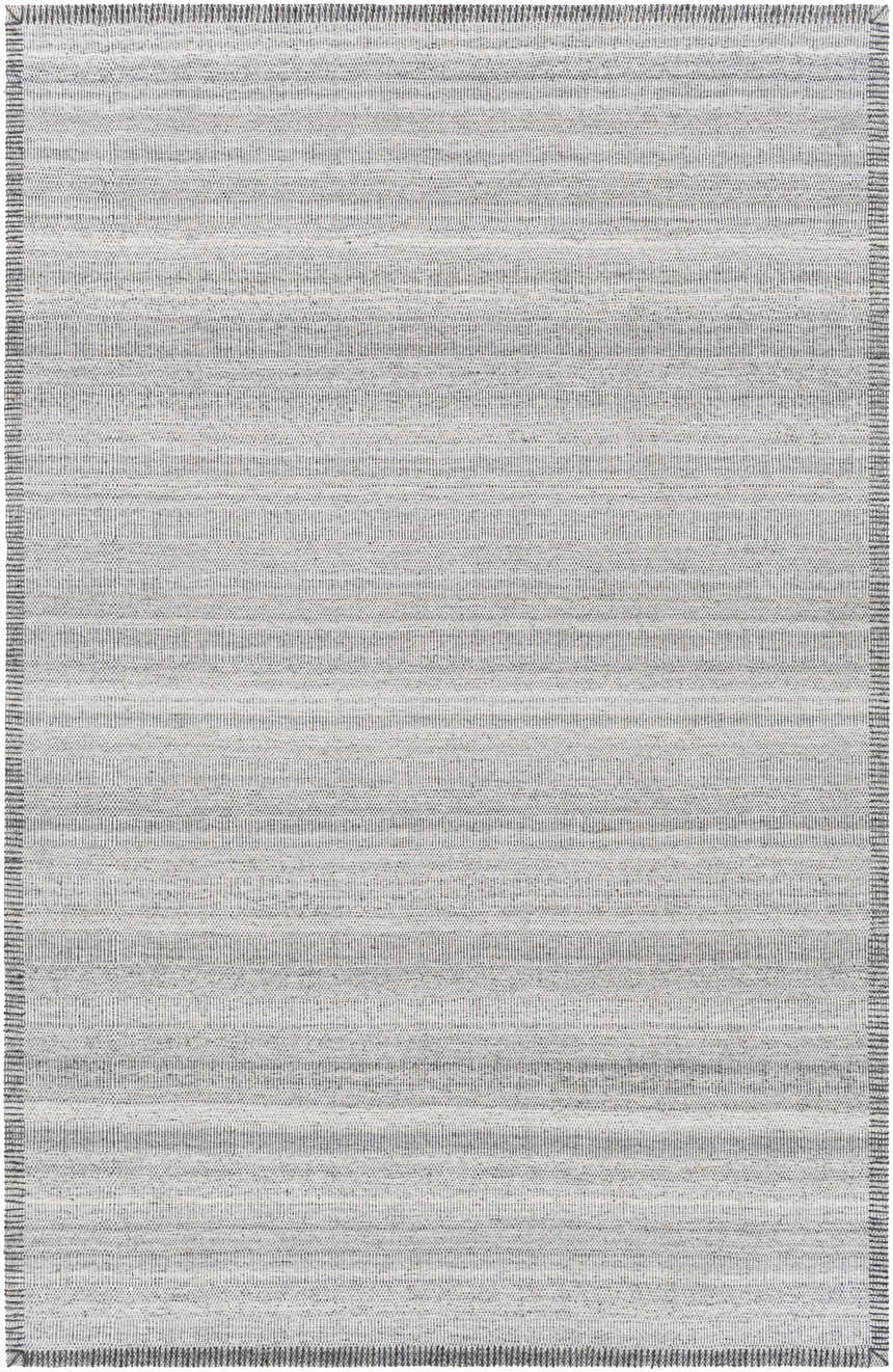 Close-up of the Nettleham Silver Viscose Rug. Hand-woven rectangle rug with charcoal, gray, and silver stripes. Farmhouse style. Design-Rectangle-576