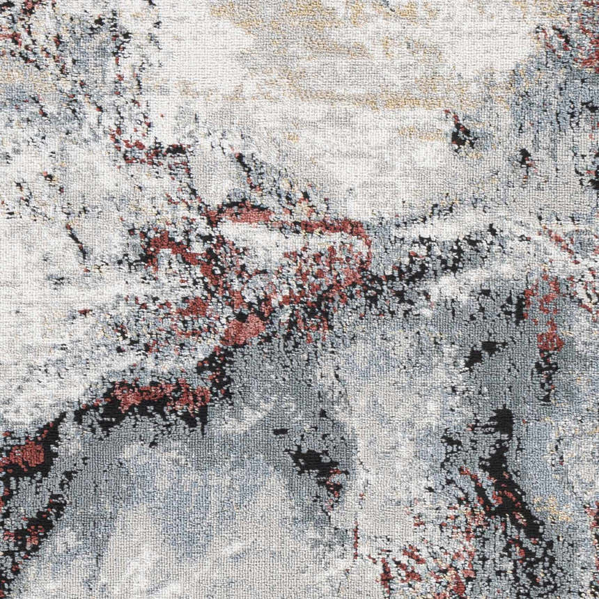 Close-up of the Kirkland Silver-Red Marble Rug. Abstract design in beige, gray, silver, red, and black hues. Swatch