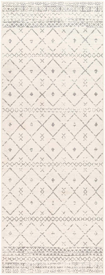 Close-up of Newville Moroccan Trellis Rug. Charcoal gray geometric trellis pattern on a white, machine-woven polypropylene rug. Design-Runner-2773