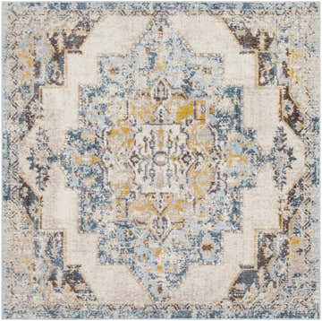 Close-up of the Nibley Area Rug. Features a traditional, vintage design in blue, brown, gray, and mustard tones. Design-Square-67