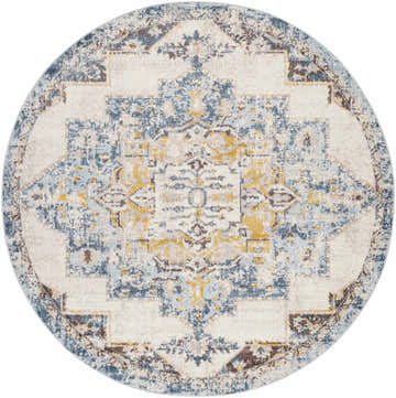 Close-up of the round Nibley Area Rug. Features a vintage-inspired design in blue, brown, and mustard tones. Design-Round-710