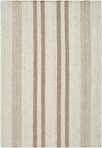Close-up of the Nibaw Area Rug. Hand-woven wool rug with ash, light silver, sage, and tan vertical stripes. Design-Rectangle-537