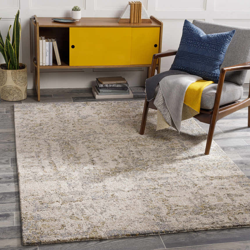 Living room scene with a contemporary Namboongan Area Rug in charcoal, cream, gray, and mustard colors. Roomscene-Rectangle