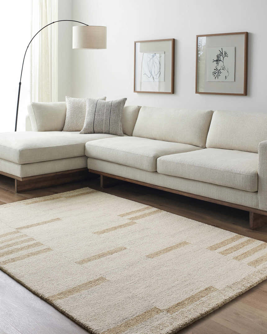 Living room scene with a beige Nadav Area Rug, sectional sofa, and minimalist art. Roomscene-Rectangle