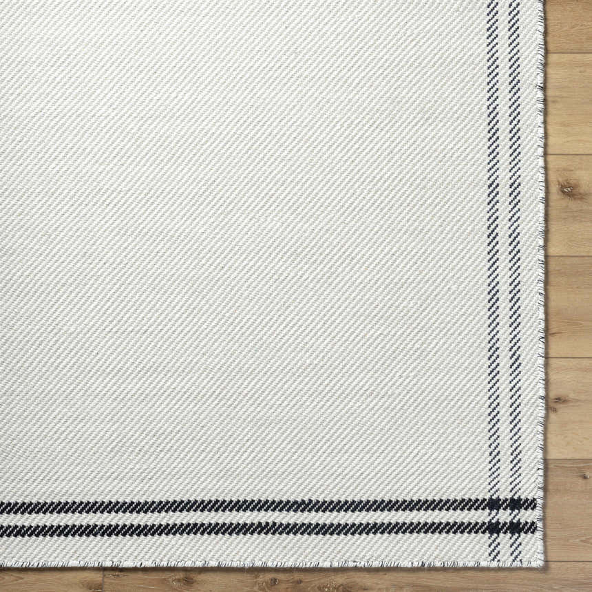 Close-up of the hand-woven Nimue Cream & Blue Bordered Area Rug showing the wool texture and striped border detail. Corner