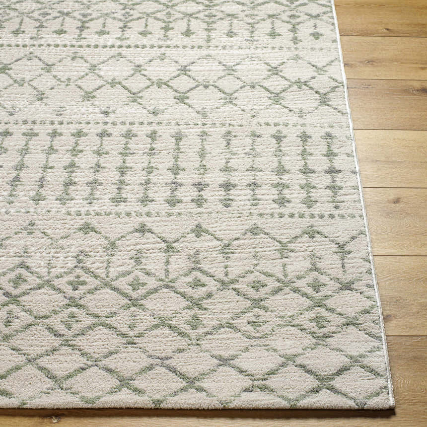 Close-up of Nolen Area Rug featuring a light gray and light silver geometric pattern on a plush, machine-woven texture. Front