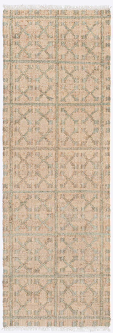 Close-up of the Rice Dusty Sage Fringed Jute Carpet. Natural jute rug with cream and dusty sage geometric pattern. Design-Runner-268