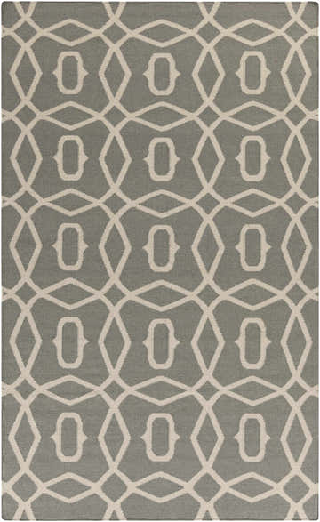 Close-up of Norden Area Rug. Gray wool rug with geometric diamond and bracket pattern in cream. Hand woven contemporary style. Design-Rectangle-58