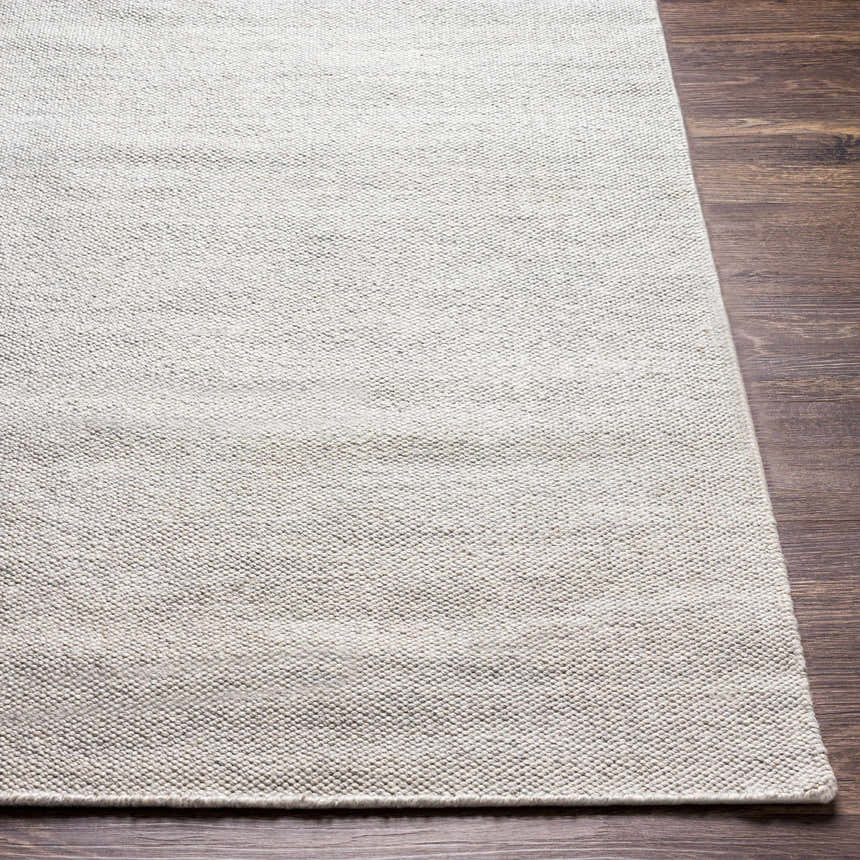 Close-up of the light gray Northop Indoor & Outdoor Area Rug showing its hand-woven texture on dark wood floor. Front