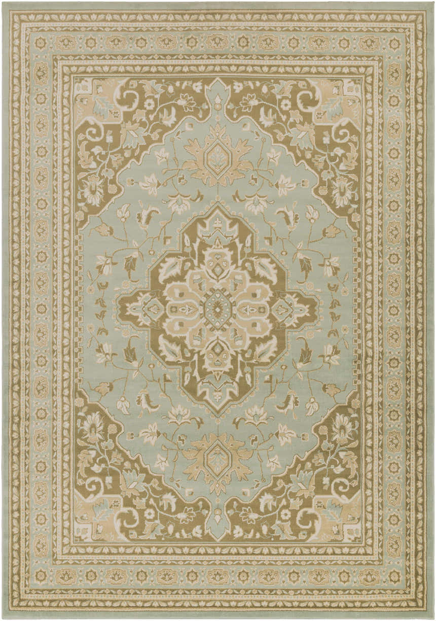 Close-up of the Numidia Area Carpet. Features a traditional oriental design in shades of light green, beige, and olive. Design-Rectangle-810