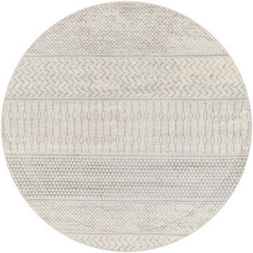 Round Nunda Gray Rug with geometric patterns in gray and ivory. Contemporary style. Design-Round-67