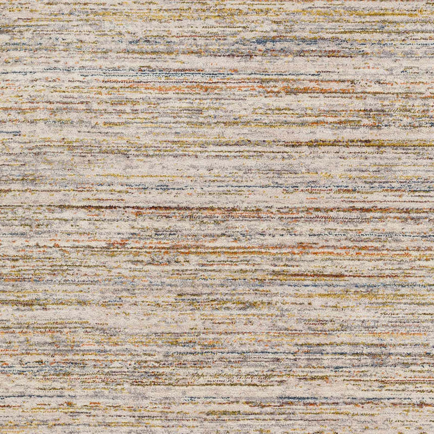 Close-up of Nyeri Area Rug. Contemporary design with brick red, burnt orange, and blue horizontal stripes on cream. Swatch