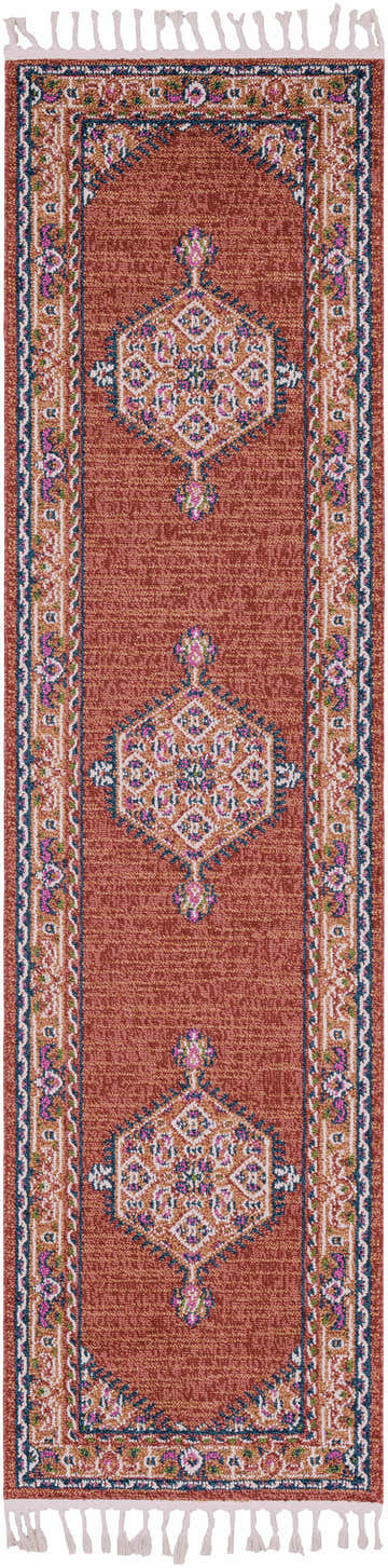 Close-up of the Oban Traditional Rug. Camel background with coral, blue, and fuchsia geometric accents and a decorative border. Design-Runner-2710
