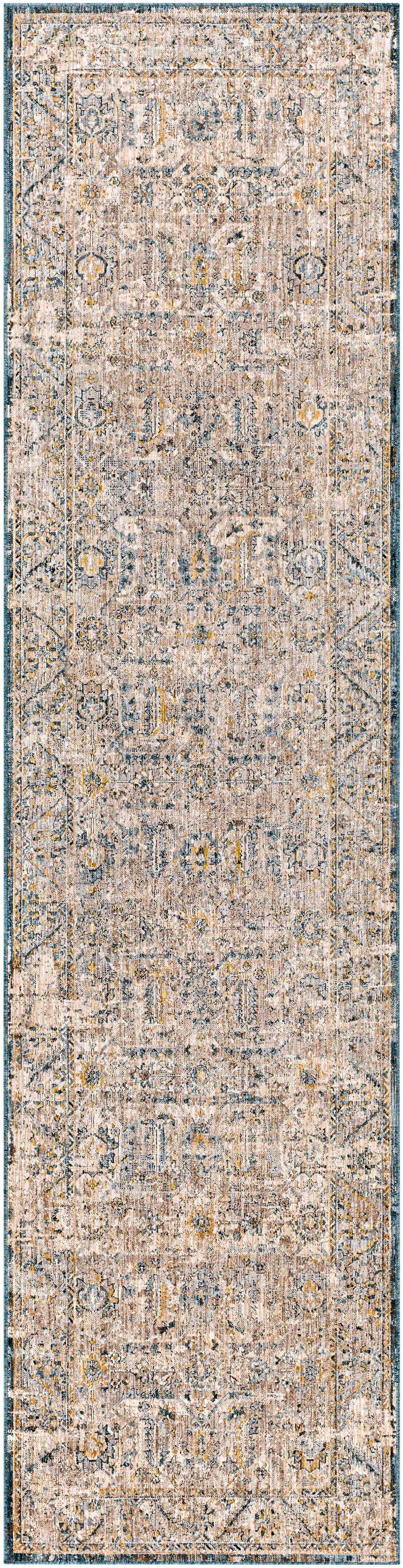 Close-up of Odala Luxe Performance Rug. Bohemian style rug in cream, beige, blue, and mustard tones. Traditional pattern. Design-Runner-2710