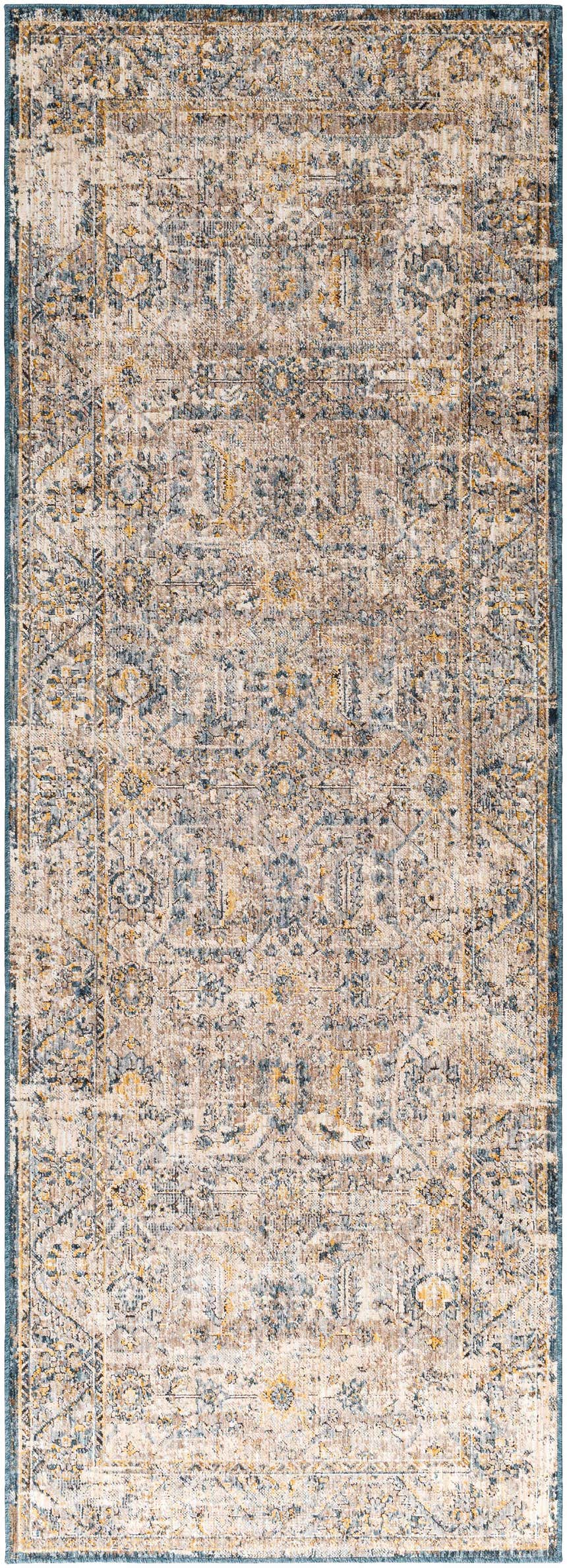 Detailed view of the Odala Luxe Performance Rug. Bohemian style rug in cream, blue, and mustard with a traditional pattern. Design-Runner-2773
