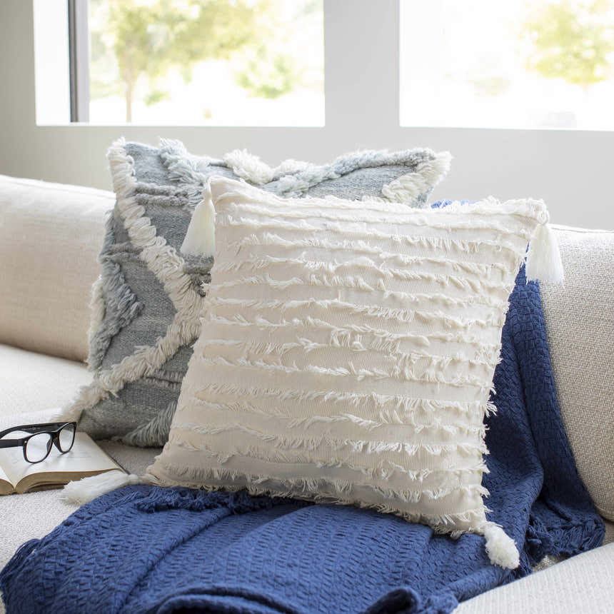 Odon Textured Ivory Tassel Square Pillow - Clearance
