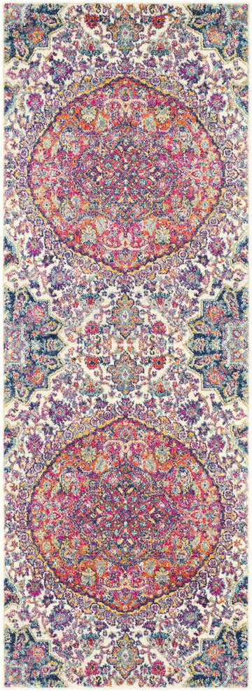 Close-up of the Burgandy Ojus Area Rug. Features a colorful bohemian pattern with burgundy, orange, navy, and gray hues. Design-Runner-2773