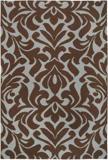 Close-up of the hand woven Oppelo Area Rug. Dark brown floral damask pattern on a sage background. 100% wool texture. Design-Rectangle-58